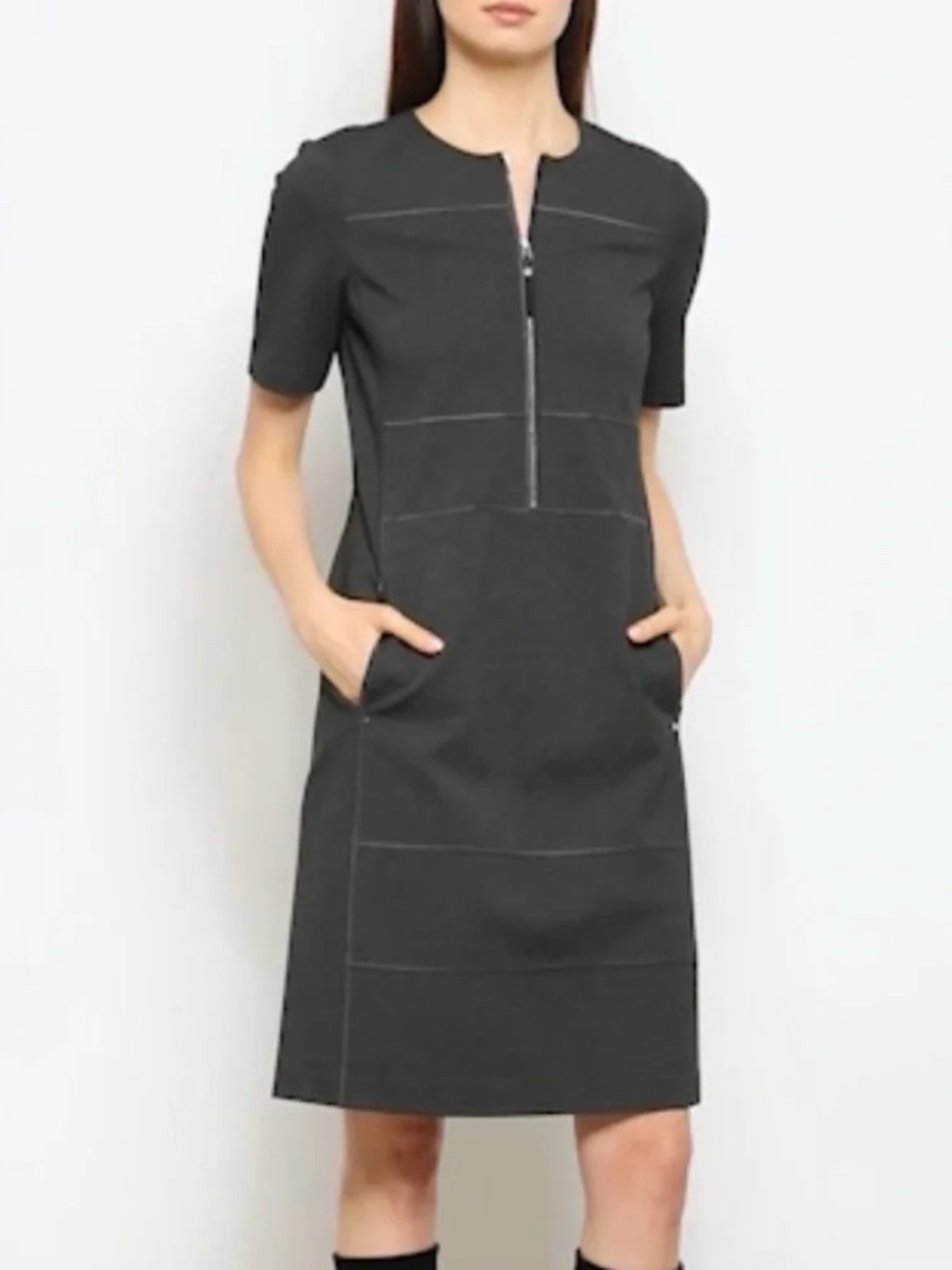 LAFAYETTE 148 Demi Punto Milano Zip-Up Dress women's Medium M Smoke Gray